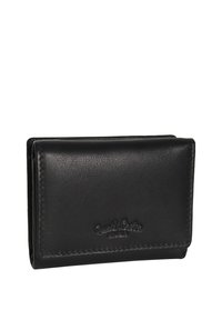 Sort læder tri-fold pung præget med "Gusti Leder" logo på forsiden, vist lukket mod en hvid baggrund.