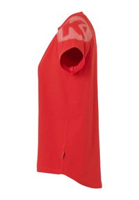 Red short-sleeve t-shirt with a crew neckline, featuring a textured design on the upper back and a straight cut. Soft fabric, casual fit.