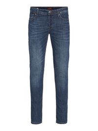 Blue denim jeans with a slim fit, five-pocket design, subtle whiskering effects on front, and sturdy stitching. Classic button and zip closure.