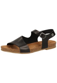 Sandal in pelle nera con ampia fascia frontale, suola in sughero imbottita e cinturino regolabile alla caviglia con fibbia metallica. Suola in gomma piatta.