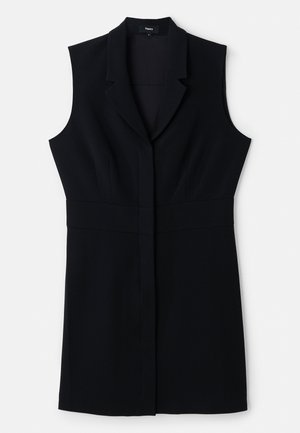 Melnas bez piedurknēm šūtu žaketi ar pielāgotu piegriezumu, kurai ir izgriezta apkakle un viens priekšējais aizvērums. Gluda audums un minimālisma dizains.