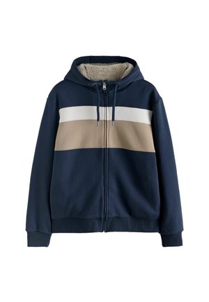 Námořnický zipový mikina s měkkým, krémovým a bílým horizontálním pruhovaným vzorem. Obsahuje útulný fleeceový interiér a kapuci na šňůrku.