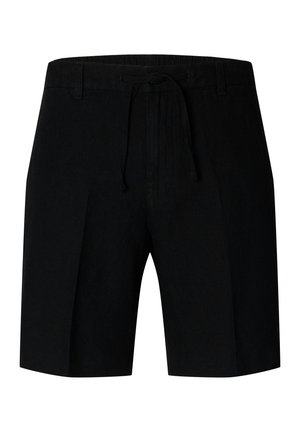 Černé lněné šortky s elastickým pasem, stahovací šňůrkou a plisovanými detaily vepředu. Hladká, lehká látka vhodná pro teplé počasí.