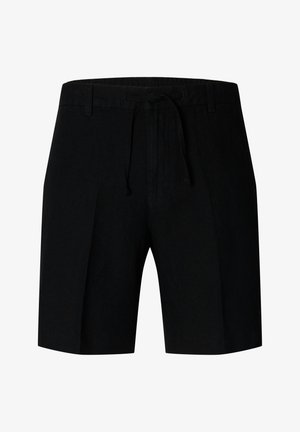 Crne lanene hlače sa elastičnom waistbandom, zatvaranjem na vezicu i nabranim prednjim detaljima. Glatka, lagana tkanina pogodna za toplo vreme.