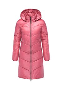 Roze pufferjas met een capuchon, voorzien van een gewatteerd ontwerp, rits aan de voorkant en zijzakken. Het materiaal heeft een glanzende afwerking.