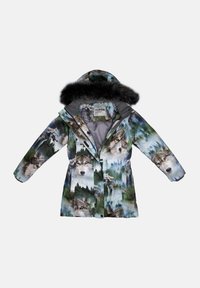 Spausdintas parka su vilko dizainu žaliais ir pilkais atspalviais, su kailiniu apvadu ant kepurės ir tekstūruotu audiniu šilumai ir komfortui.