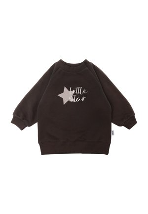 Dark brown children's sweatshirt with ribbed cuffs, a ribbed hem, and a grey star graphic with the text "little star" on the front.