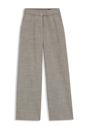 High-waist wide-leg beige pants with subtle texture, belt loops, attached slim belt, and side pockets, displayed flat on white background.