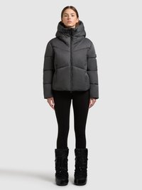 Puffer jacket in dark gray with a high collar and hood, featuring a zip closure, horizontal stitching, and a sleek, insulated design.