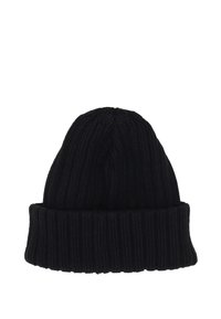 Berretto a maglia nero con texture a costine e risvolto. Tessuto morbido, cima arrotondata, adatto per indossarlo in clima freddo.