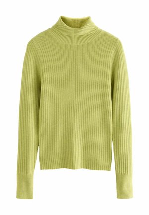 Pull à col roulé côtelé en vert clair, avec des manches longues et une coupe ajustée. Confectionné dans un matériau en tricot texturé.