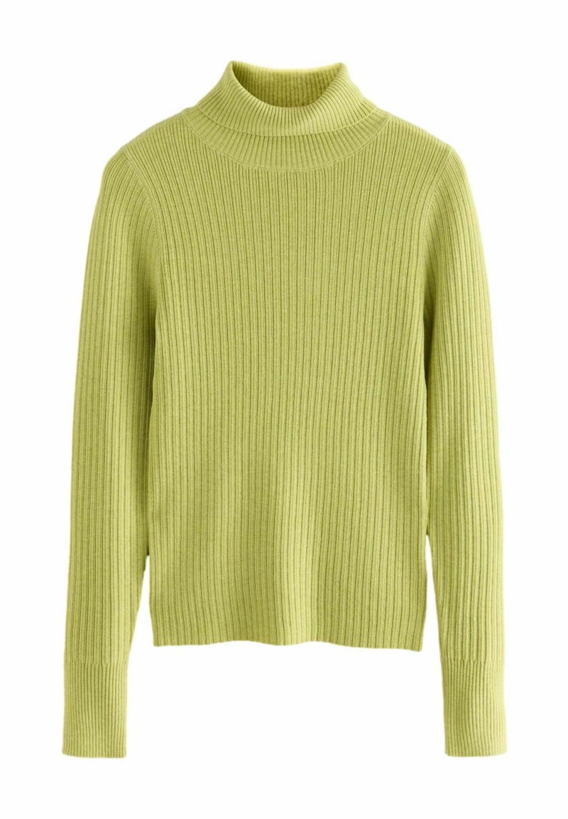 Rippstrick-Turtleneck-Pullover in Hellgrün, mit langen Ärmeln und körperbetontem Schnitt. Hergestellt aus einem strukturierten Strickmaterial.