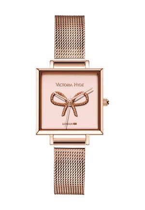 Reloj de pulsera cuadrado de oro rosa con correa de malla, con un diseño de lazo en la esfera y la marca "Victoria Hyde London".