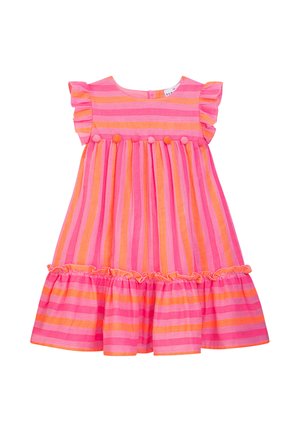 Gestreiftes Kleinkindkleid in Pink und Orange mit gerafften Kappenärmeln, Pomponbesatz an der Brust und einem gerafften Saum.
