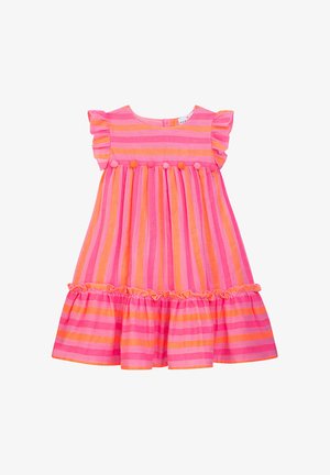 Gestreiftes Kleinkindkleid in Pink und Orange mit gerafften Kappenärmeln, Pomponbesatz an der Brust und einem gerafften Saum.
