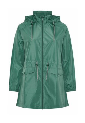 Groene waterdichte regenjas met kap, voorrits, taille met trekkoord, klepzakken en elastische manchetten.