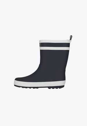 Schwarze Gummiregenstiefel mit weißen horizontalen Streifen, abgerundeter Spitze, strukturiertem Profil und einer Zuglasche für einfaches Anziehen.