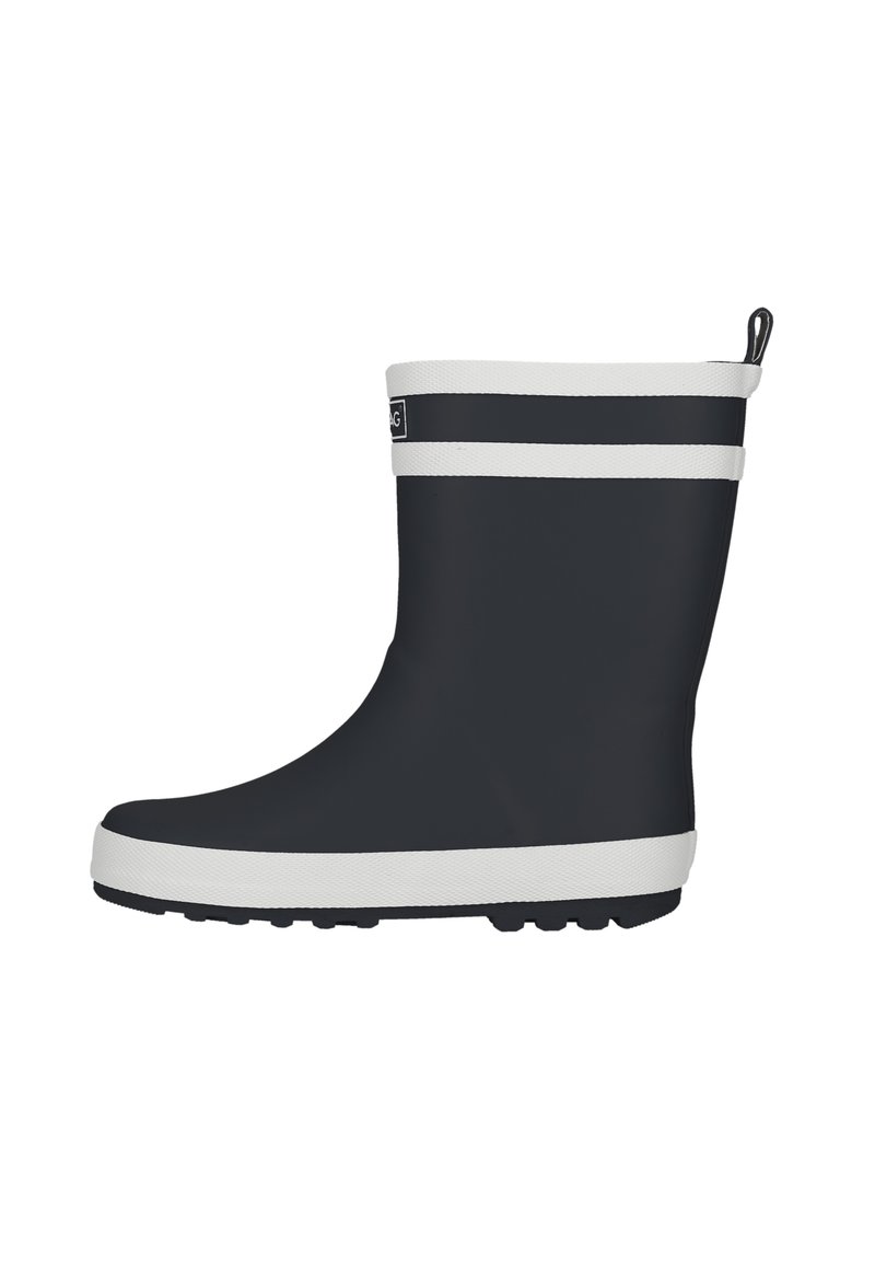 Botte de pluie en caoutchouc noire avec des rayures horizontales blanches, bout rond, semelle texturée et une languette pour un enfilage facile.