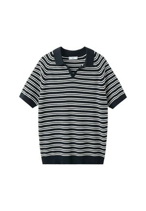 Polo de punto de manga corta con rayas horizontales en blanco y negro, con cuello y puños de manga en negro sólido.