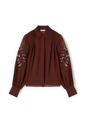 Blusa marrone con colletto strutturato, corpetto plissettato e maniche trasparenti con ricami in pizzo decorativi. Chiusura frontale con bottoni.