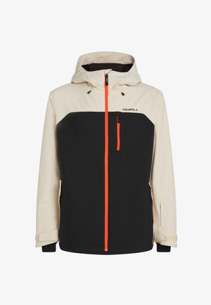 Ski jacket in cream and black with an orange zipper. Features a hood, zippered chest pocket, and adjustable cuffs for a secure fit.