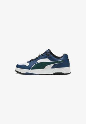 Blue and green leather sneakers with white accents, textured design, black laces, and a white sole featuring a textured outsole pattern.