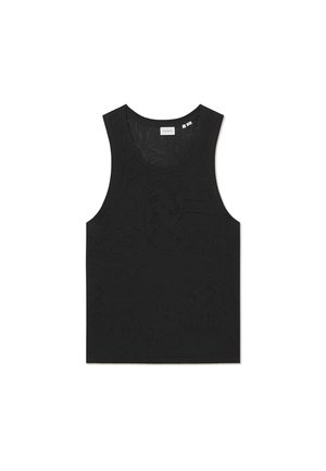 Top negru fără mâneci, cu un model texturat, croială fără mâneci și guler rotund. Confectionat dintr-un material tricotat ușor.