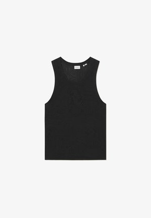 Črn top brez rokavov z teksturiranim vzorcem in okroglim izrezom. Narejen iz lahkega pletenega materiala.