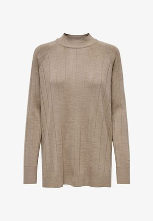 Bēša ribota džemperis ar augstu apkakli, garām piedurknēm un sānu šķirbēm. Iespējama vertikāla tekstūra un brīva piegriezuma. Mīksts audums.