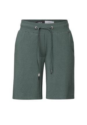Gröna sweatshorts med resårmidja, snörning, sidfickor och en slät yta. Lämpliga för vardagsbruk.