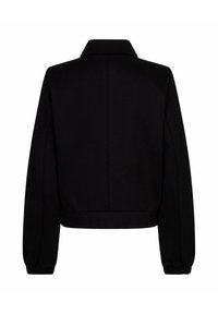 Zwarte cropped jas met een kraag, lange mouwen en elastische manchetten. Glad stof met een naadloos ontwerp, geen zichtbare sluitingen.