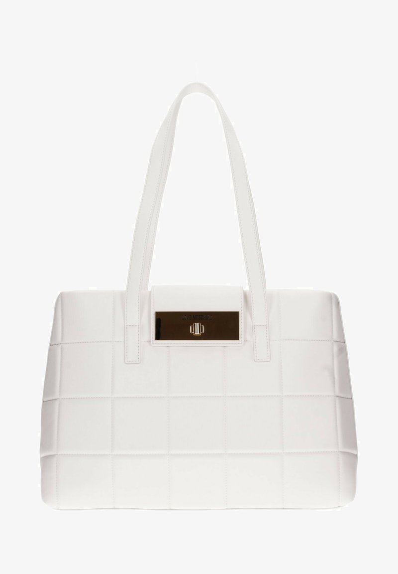 Borsa a tracolla bianca trapuntata con forma rettangolare, doppi manici e una chiusura metallica con logo del marchio impresso sul davanti.
