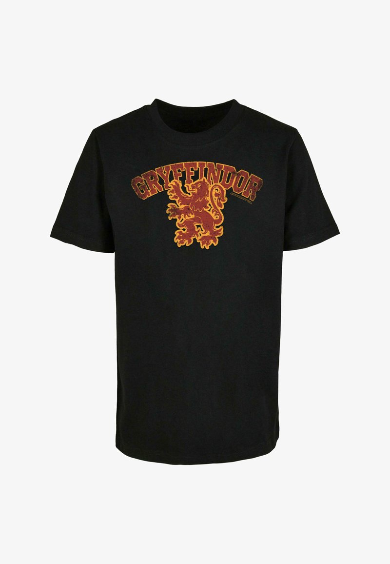 Tricou negru cu mânecă scurtă, prezentând un text "Gryffindor" roșu și auriu și un grafic cu un leu pe față. Material din bumbac cu o textură netedă.