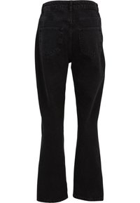 Jeans din denim negru cu fason evazat, design cu cinci buzunare, bucle pentru curea la talie și detalii de cusătură vizibile pe cusături.