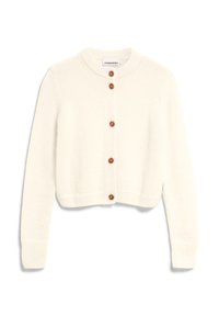 Cardigan bianco a maniche corte realizzato in materiale morbido, con un collo rotondo e cinque bottoni marroni sul davanti. Senza motivi o decorazioni.
