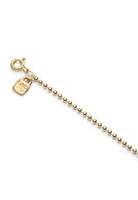 Pulsera de cadena de bolas de oro con cierre de langosta, con una pequeña placa grabada con "UNO." Acabado pulido y perlas esféricas uniformes.