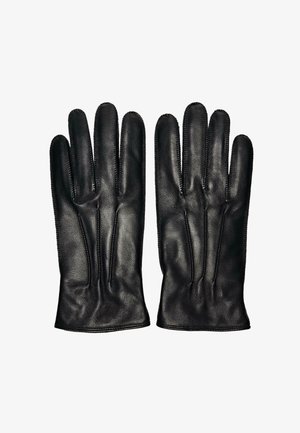 Černé kožené rukavice s designem pěti prstů, hladkou texturou, jemným detailem švů a přiléhajícím zápěstím. Žádné vzory nebo viditelné kovové prvky.