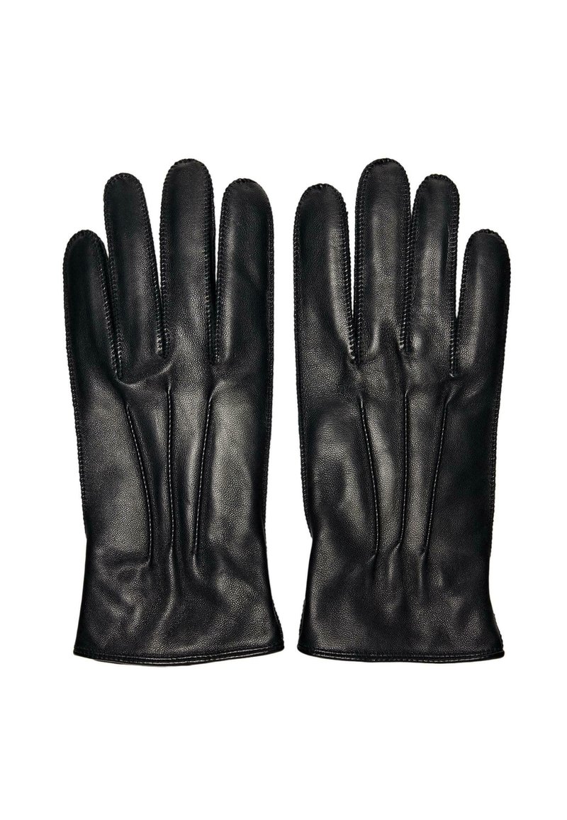 Guanti in pelle nera con design a cinque dita, texture liscia, dettagli di cuciture sottili e polso aderente. Nessun motivo o hardware visibile.