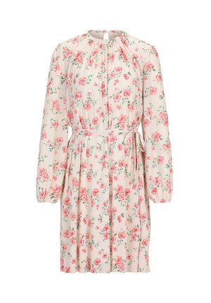 Long-sleeve cream dress with pink floral print, pleated skirt, high neckline, and a thin fabric belt tied at the waist.