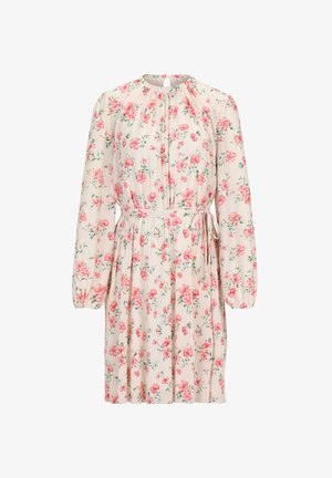 Long-sleeve cream dress with pink floral print, pleated skirt, high neckline, and a thin fabric belt tied at the waist.