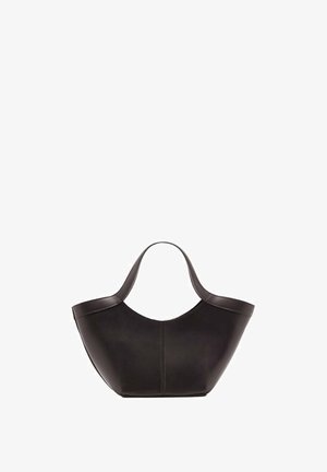 Schwarze Leder-Tote-Bag mit einer strukturierten, breiten Silhouette, ausgestattet mit zwei geschwungenen Griffen und minimalen Nähdetails. Glatte Textur, keine Metallteile.
