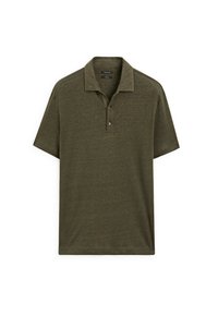 Mörkgrön kortärmad polo-t-shirt med krage, med en texturerad tygkvalitet och tre-knapps knappslå. Inga mönster eller ytterligare detaljer.