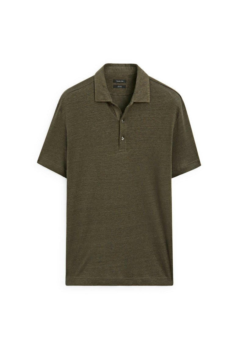 Mörkgrön kortärmad polo-t-shirt med krage, med en texturerad tygkvalitet och tre-knapps knappslå. Inga mönster eller ytterligare detaljer.