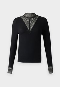 Svart långärmad topp med en texturerad spets V-ringning och mönstrade spetsärmar, tillverkad av ribbat material för en figurnära passform.