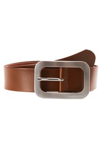 Ceinture en cuir marron avec une boucle rectangulaire en métal argenté, présentant une finition texturée et une surface lisse et polie.