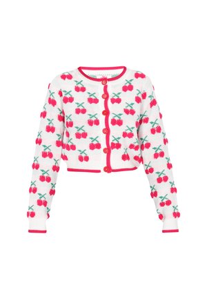 Balta saīsināta kardigāna ar adītu ķiršu rakstu sarkanā un zaļā krāsā, ar rozā apdari un pogām priekšpusē.