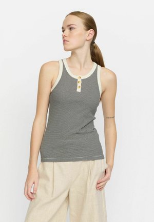 Grå och vit randig tanktop med rund halsringning, krämfärgad kant och tre runda knappar framtill. Mjuk, lättvikts tyg.
