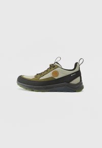 Grüne und beige Wanderschuhe aus strukturiertem Material mit schwarzen Akzenten und einer Gummisohle. Verfügt über ein rundes Logo und eine Schlaufe an der Rückseite.