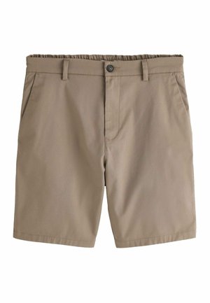 Khakifarbene Herren-Shorts mit Frontknopf, Gürtelschlaufen, Seitentaschen und elastischem Taillenbund-Detail auf weißem Hintergrund.