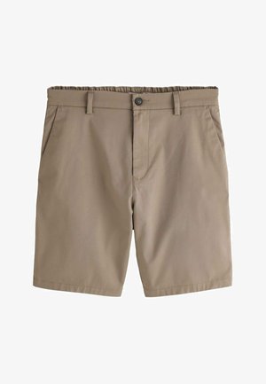 Khakifarbene Herren-Shorts mit Frontknopf, Gürtelschlaufen, Seitentaschen und elastischem Taillenbund-Detail auf weißem Hintergrund.
